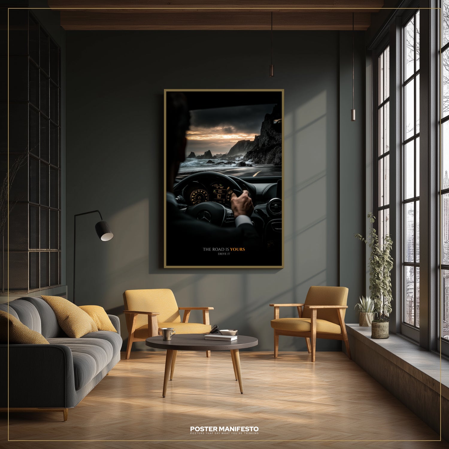 Modern living room with a large framed poster on the wall, featuring a person in a car.