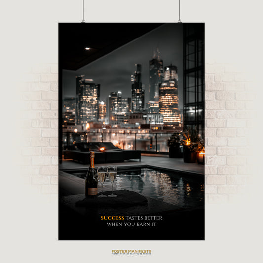 Motivational poster of champagne and glasses by a rooftop pool with a city skyline, featuring the quote “Success tastes better when you earn it.”