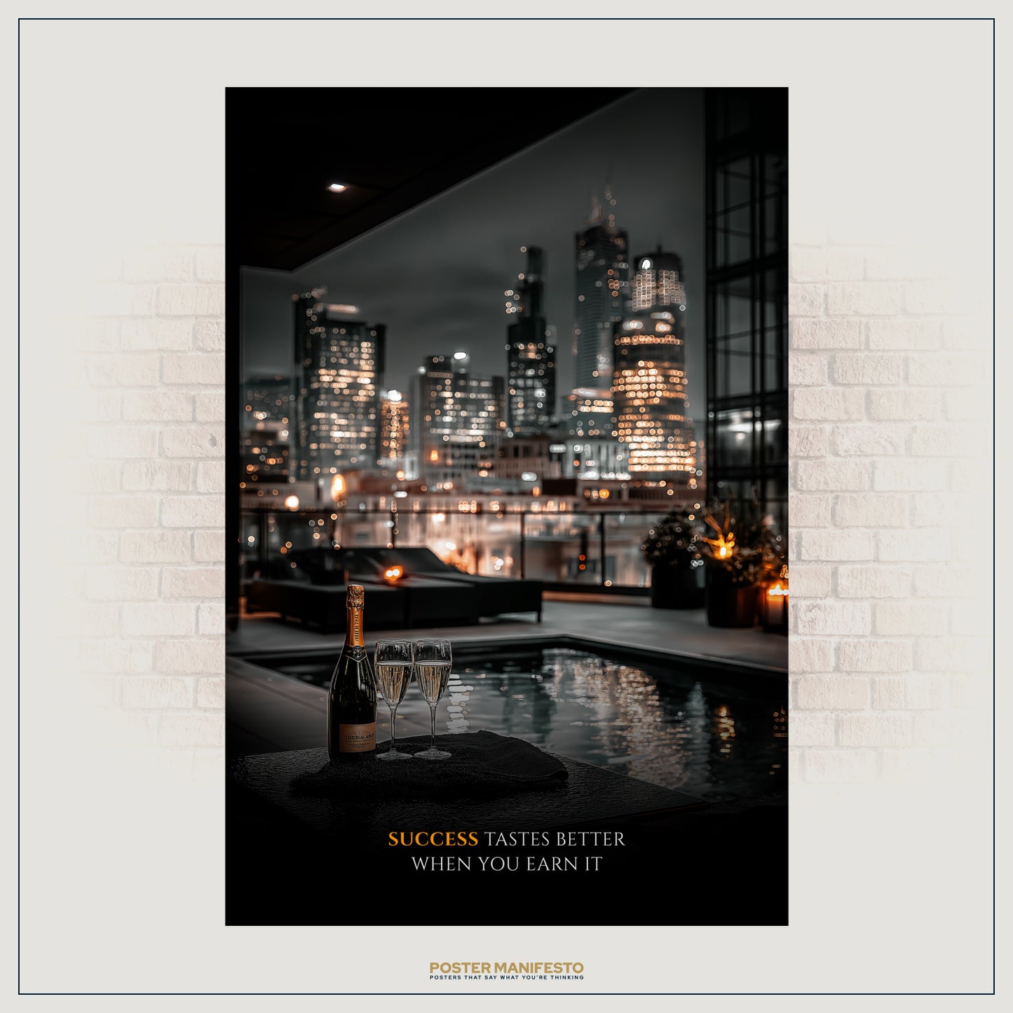 Inspirational luxury wall art showing champagne celebration scene with night city lights and motivational success quote.