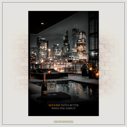 Inspirational luxury wall art showing champagne celebration scene with night city lights and motivational success quote.