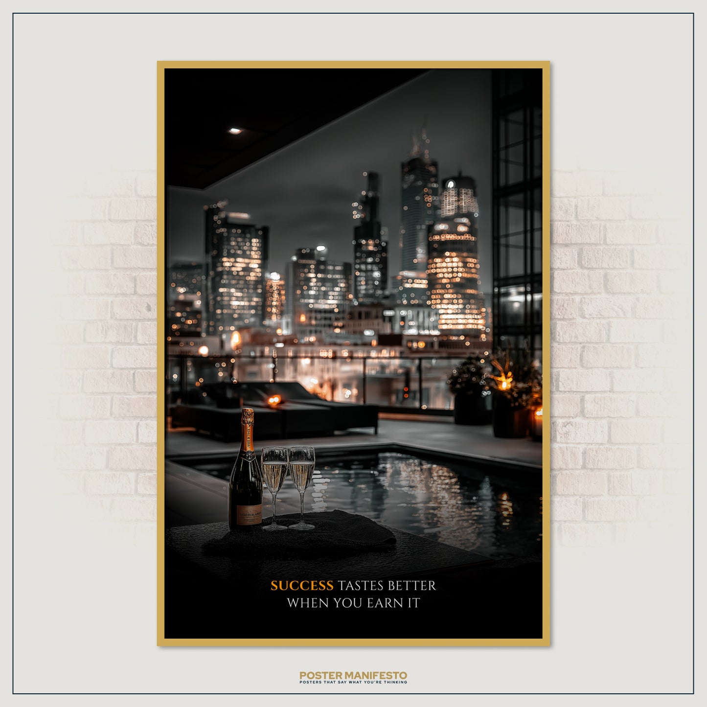 Elegant poster combining urban skyline, rooftop pool, and champagne to symbolize achievement and ambition.