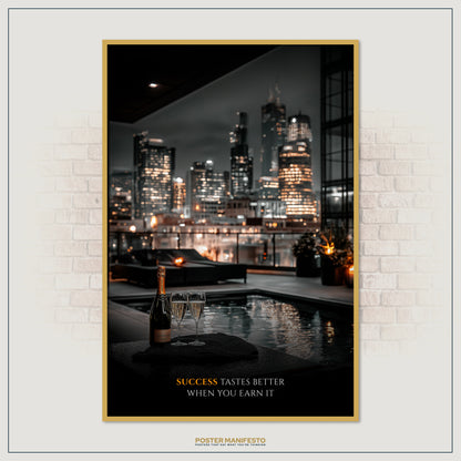 Elegant poster combining urban skyline, rooftop pool, and champagne to symbolize achievement and ambition.