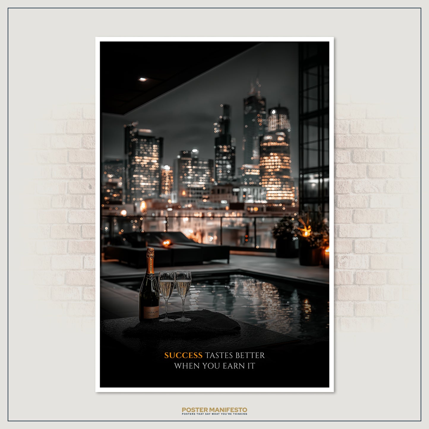 Motivational décor featuring luxury celebration with champagne in front of city lights, inspiring success and determination.
