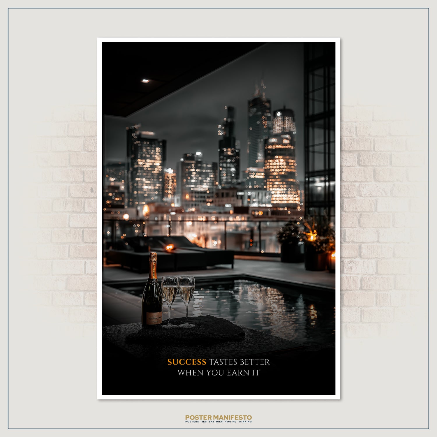 Motivational décor featuring luxury celebration with champagne in front of city lights, inspiring success and determination.