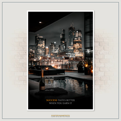 Motivational décor featuring luxury celebration with champagne in front of city lights, inspiring success and determination.
