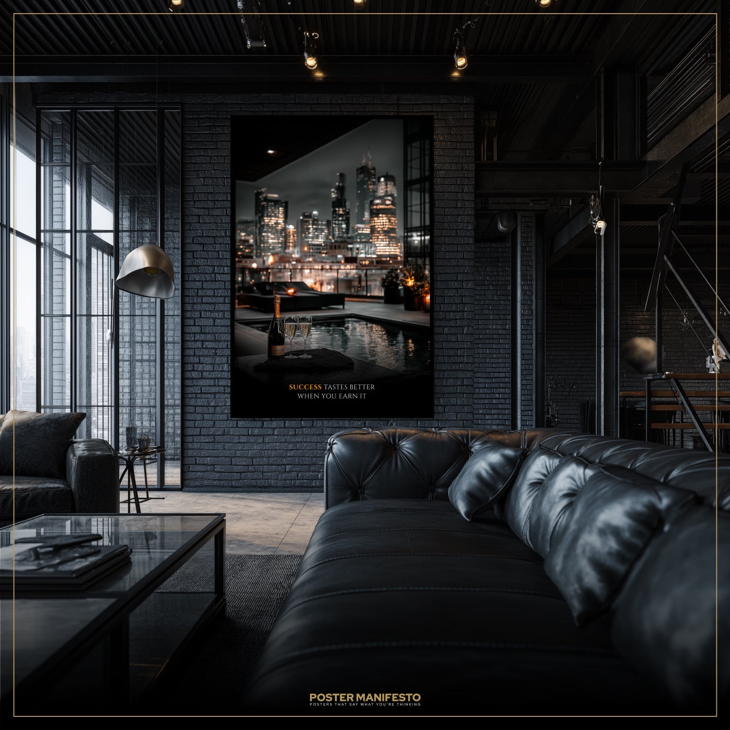 Modern living room with a large cityscape poster on a brick wall.