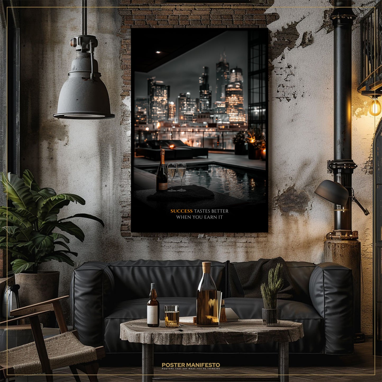 Modern living room with a black leather sofa, wooden coffee table, and cityscape poster on the wall.