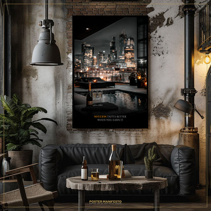 Modern living room with a black leather sofa, wooden coffee table, and cityscape poster on the wall.