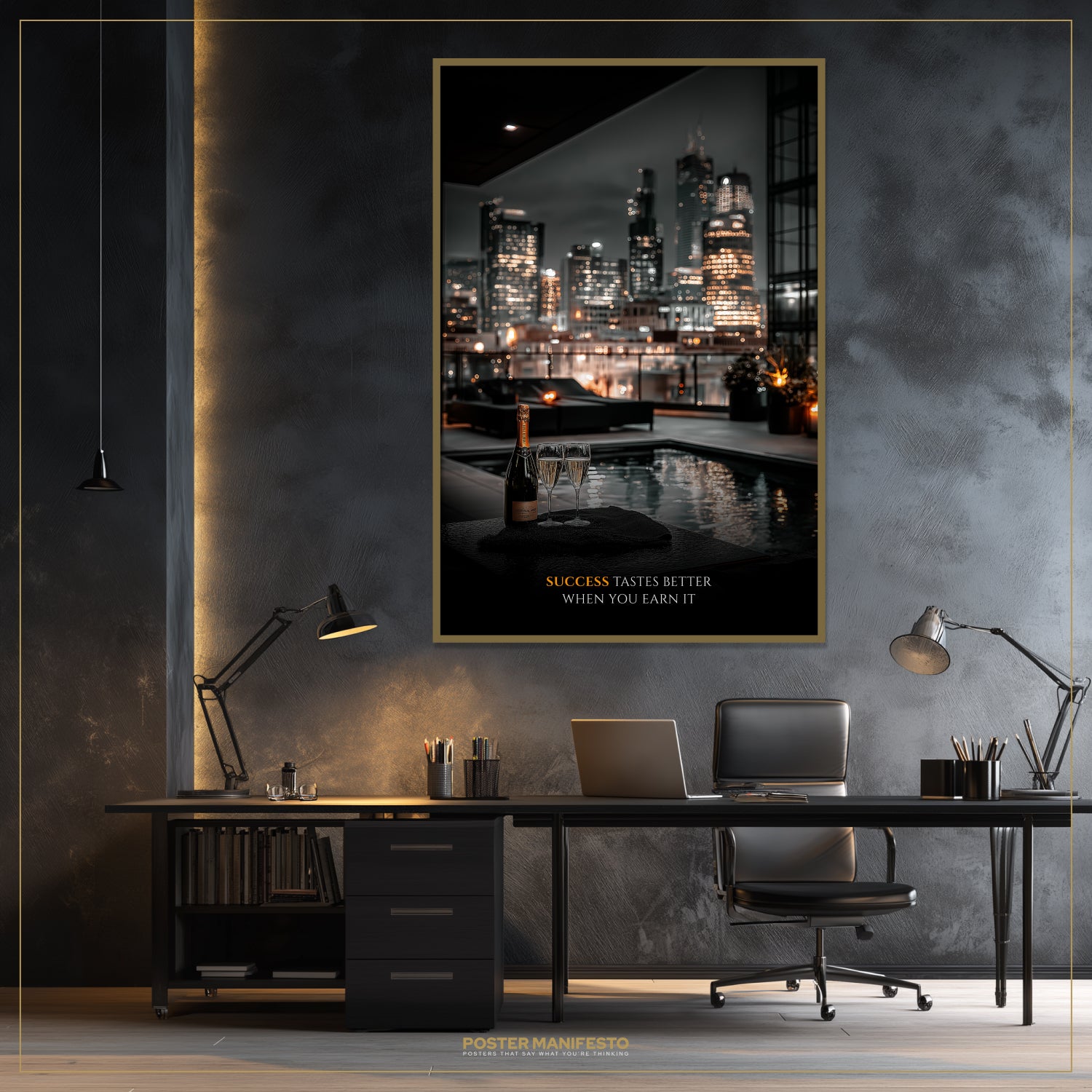 Modern office setup with a large framed cityscape poster on a textured wall.