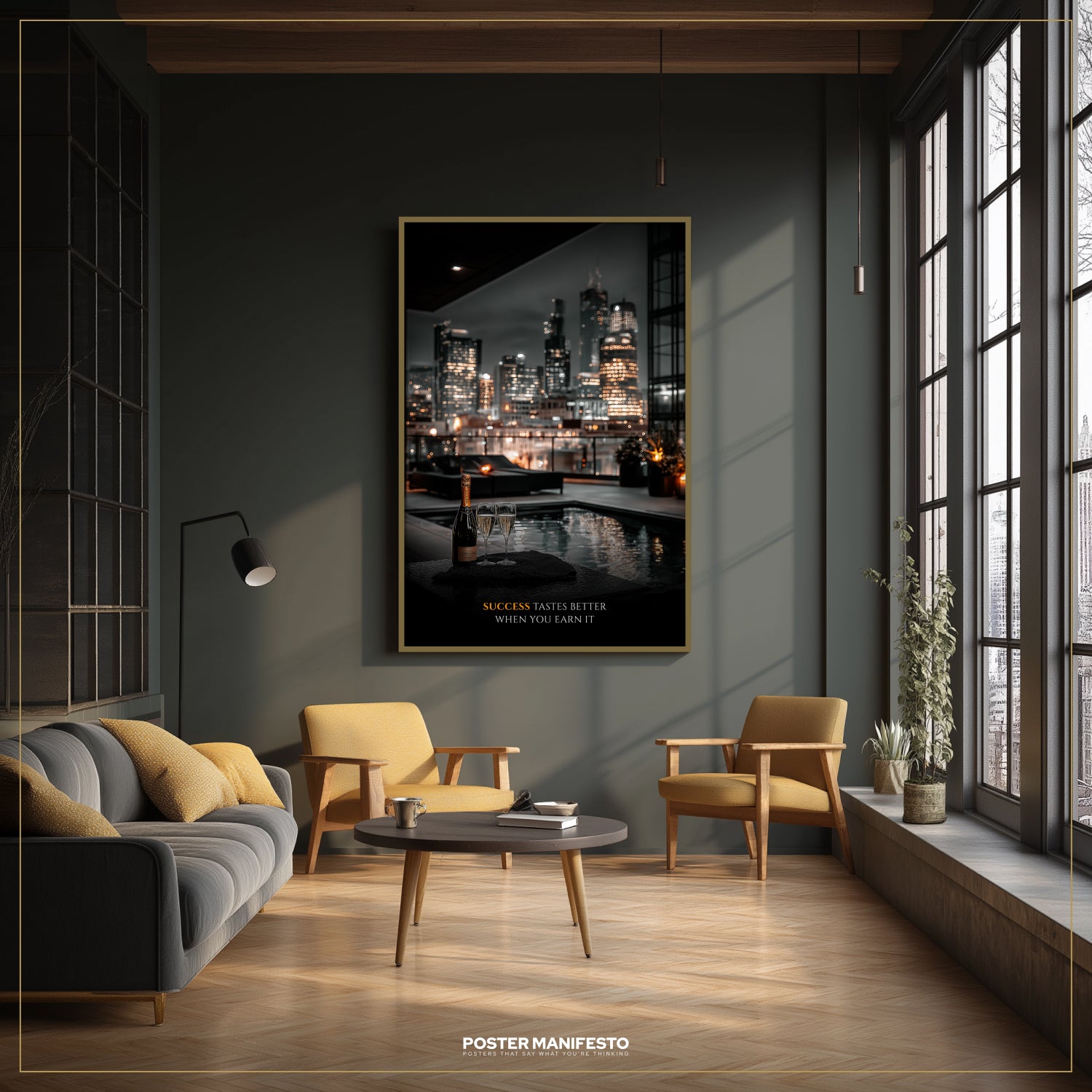 Modern living room with a cityscape poster on the wall