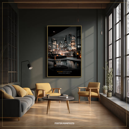 Modern living room with a cityscape poster on the wall