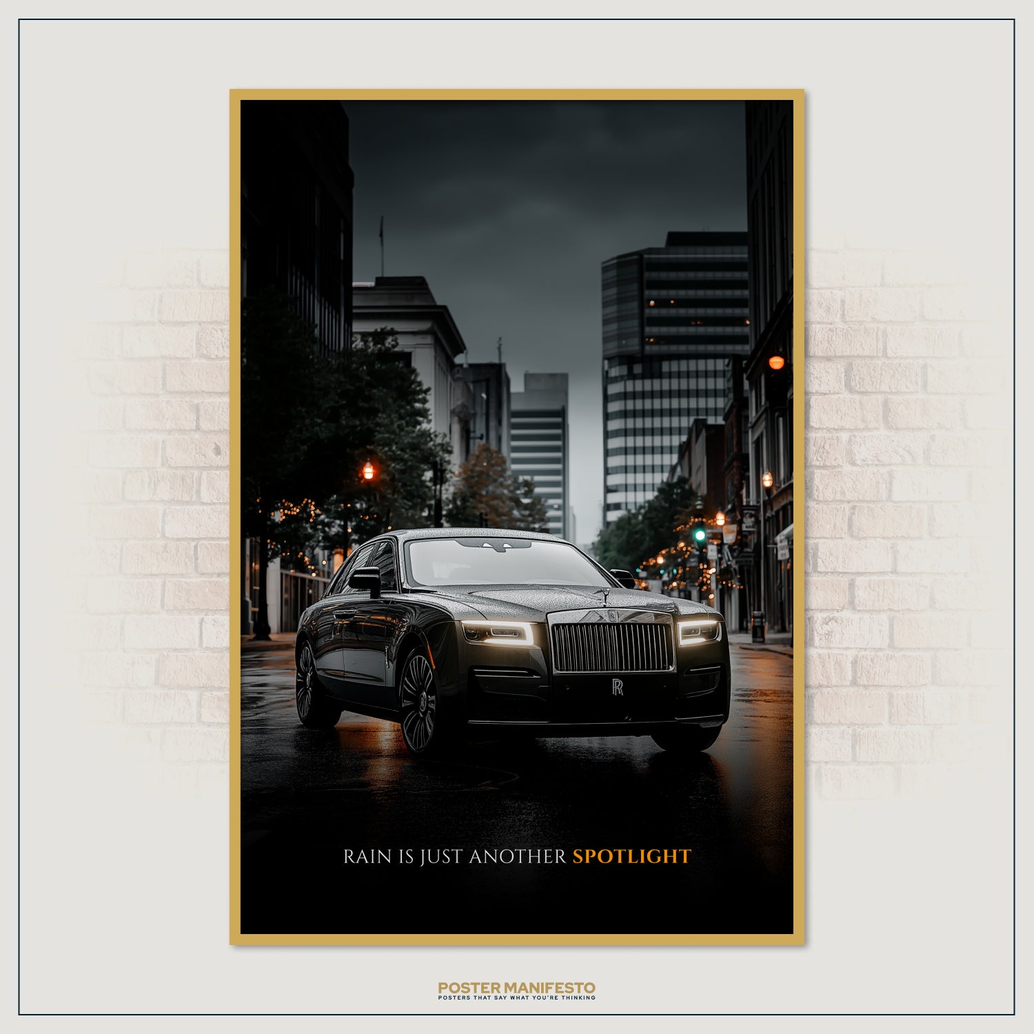 Motivational décor showing a Rolls-Royce in dramatic rain lighting, representing strength and determination.