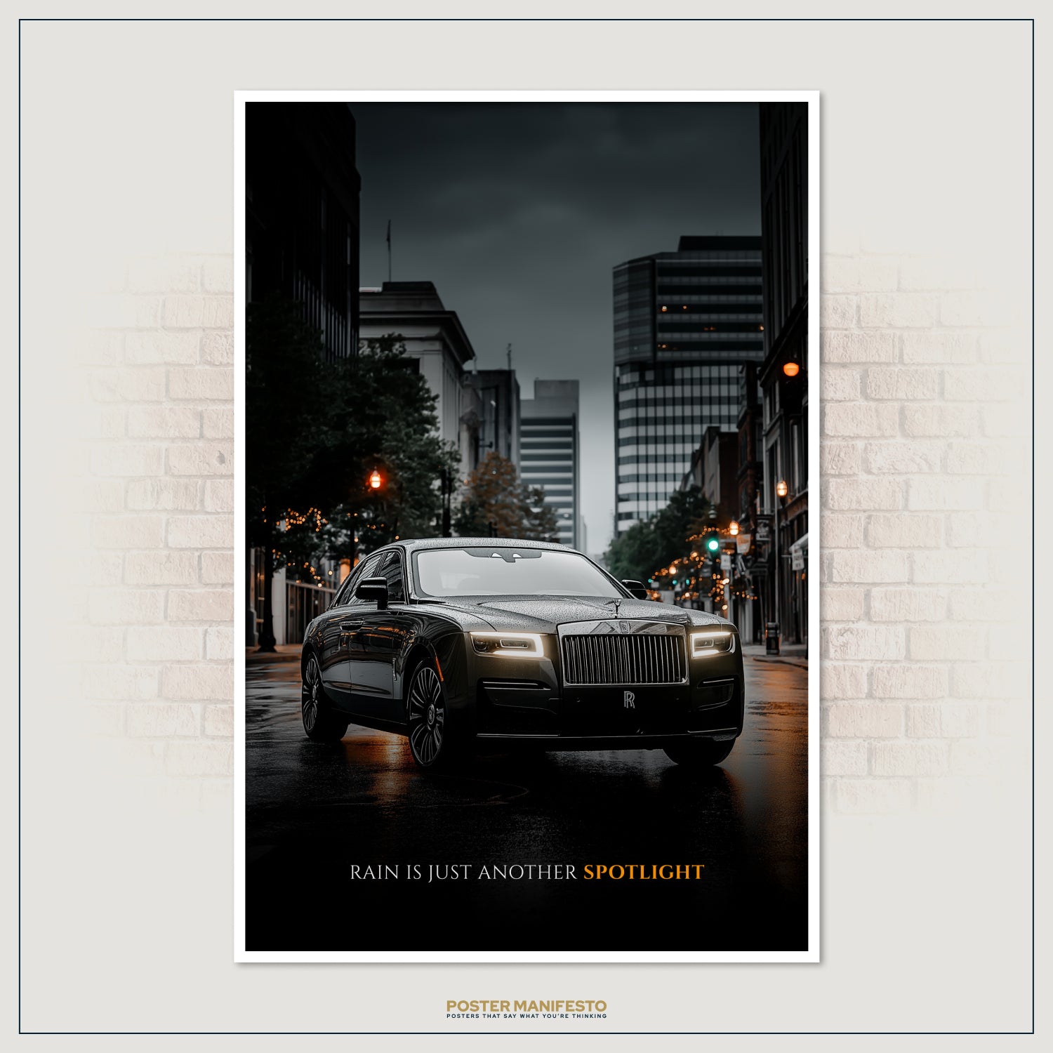 Success-inspired artwork with luxury car in city rain, paired with motivational quote about thriving in adversity.