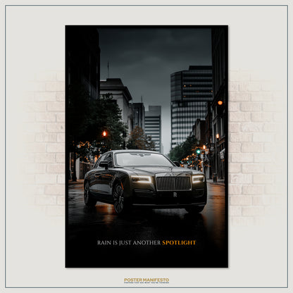 Black car on a city street with 'Rain is just another spotlight' text, framed against a white brick wall.
