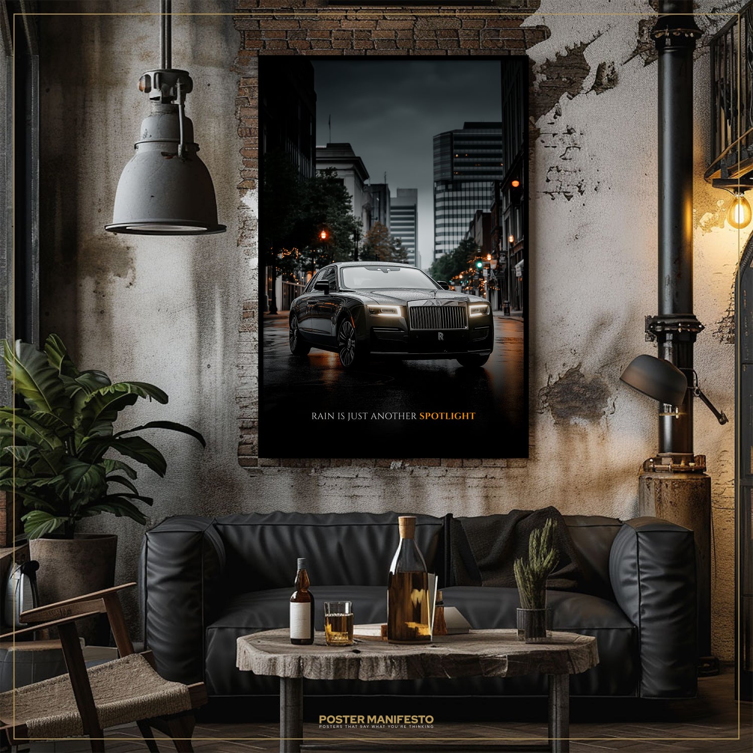 Living room with a black leather sofa, wooden coffee table, and a framed poster of a car on the wall.
