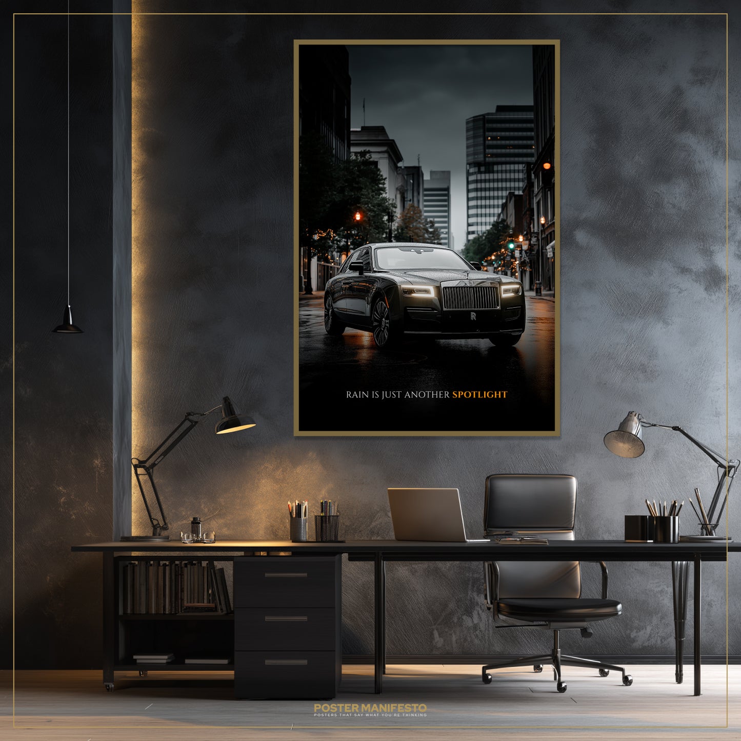 Modern office setup with a framed poster of a car on a city street.