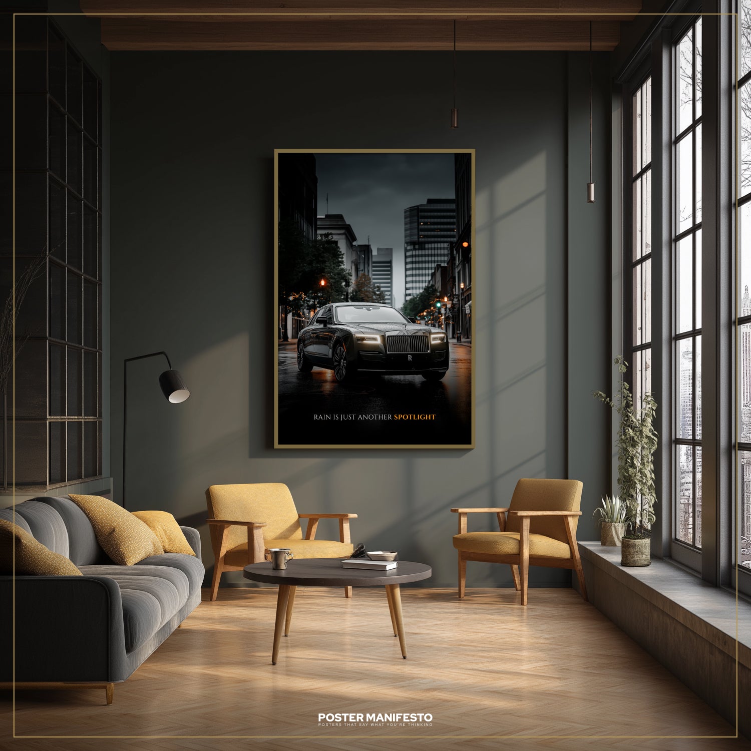 Modern living room with a car poster on the wall