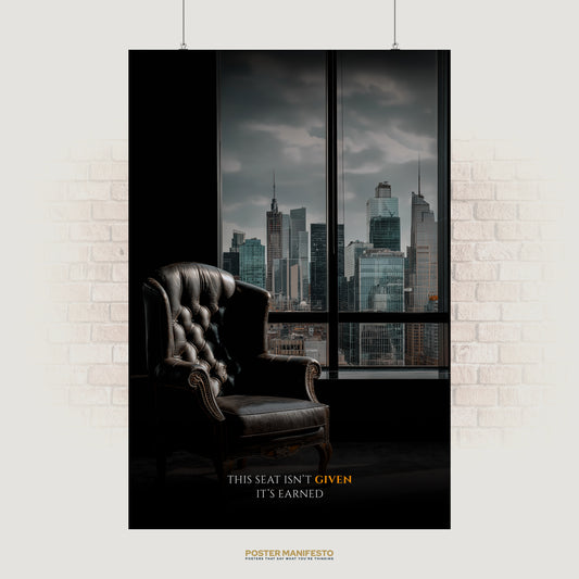 Motivational executive poster with a leather chair and city skyline, captioned “This seat isn’t given, it’s earned.”