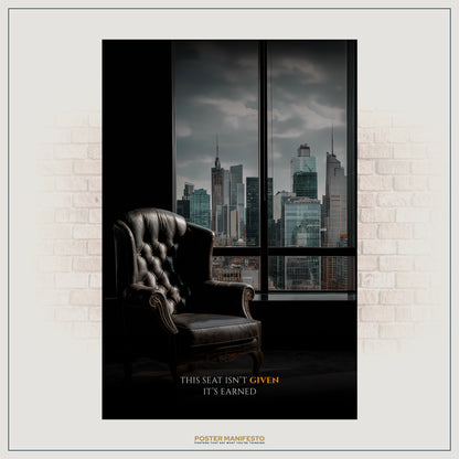 Inspirational wall art featuring an office chair symbolizing leadership, success, and the rewards of hard work.