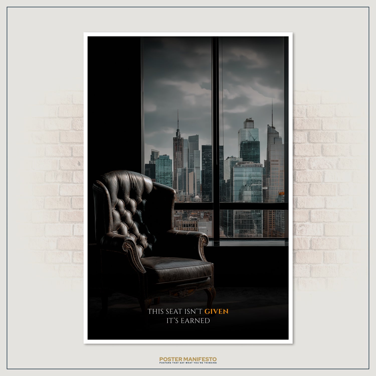 Executive success poster with leather chair and skyline, ideal for entrepreneurs and leaders seeking inspiration.