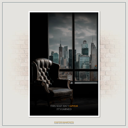 Executive success poster with leather chair and skyline, ideal for entrepreneurs and leaders seeking inspiration.