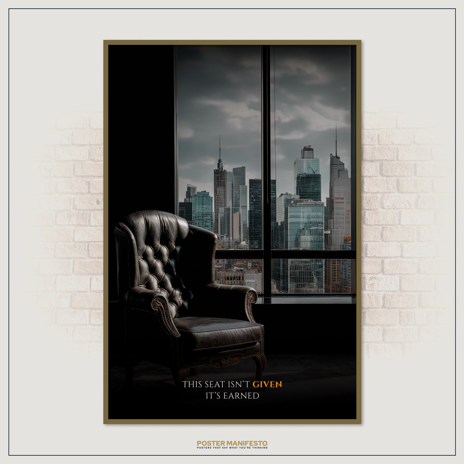 Empowering office wall art featuring the quote about earning your place, paired with modern city background.