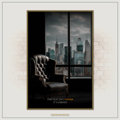 Empowering office wall art featuring the quote about earning your place, paired with modern city background.