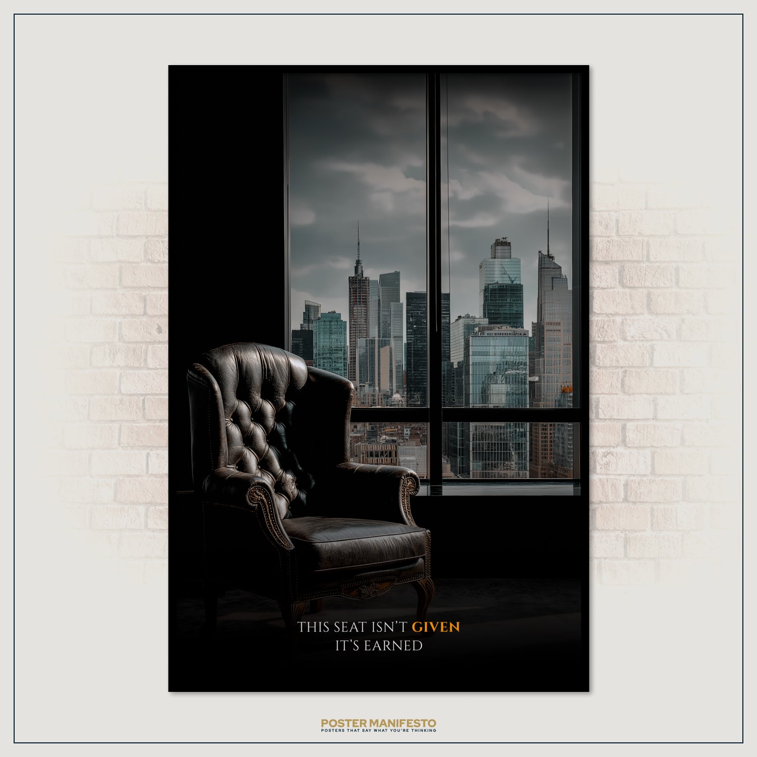 Dark leather armchair in a room with a cityscape view through a window.