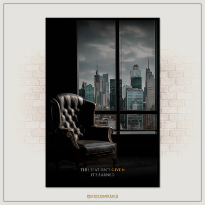 Dark leather armchair in a room with a cityscape view through a window.