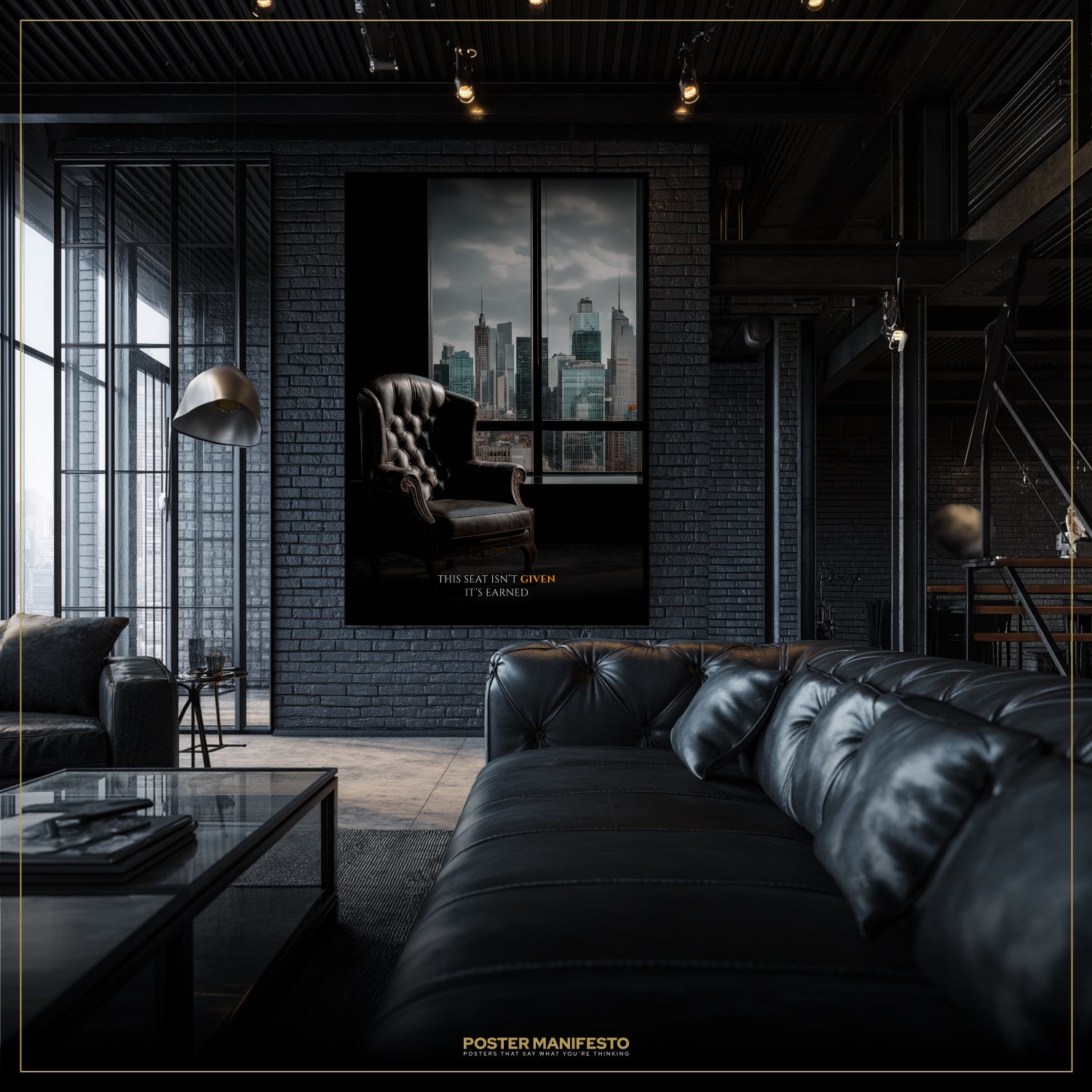 Modern living room with a large black leather sofa, glass coffee table, and a framed poster on the wall.