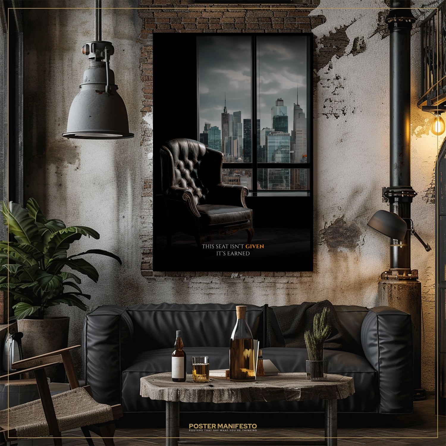 Modern living room with a black leather sofa, coffee table, and framed poster on the wall.