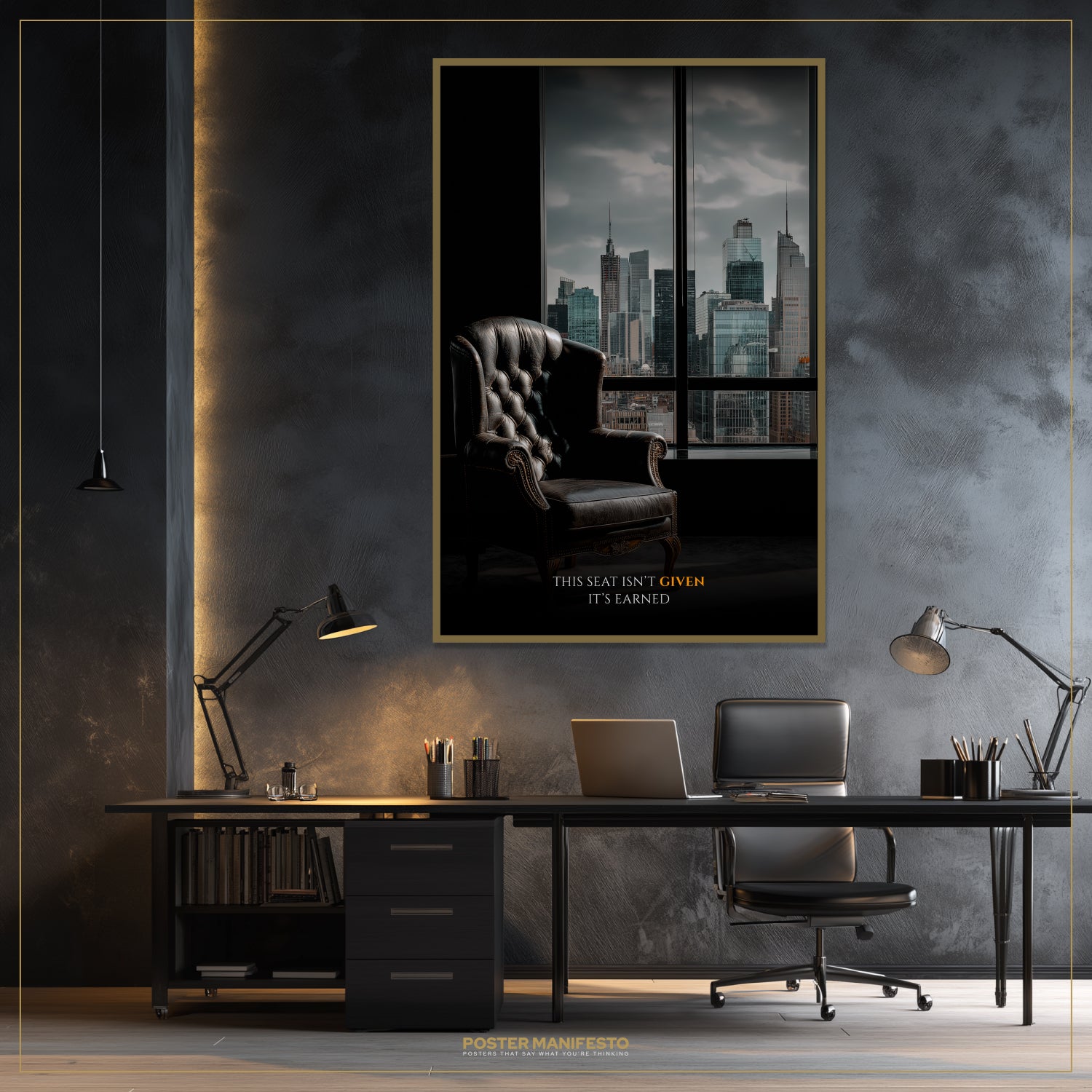 Modern office interior with a framed poster of a cityscape and leather chair.