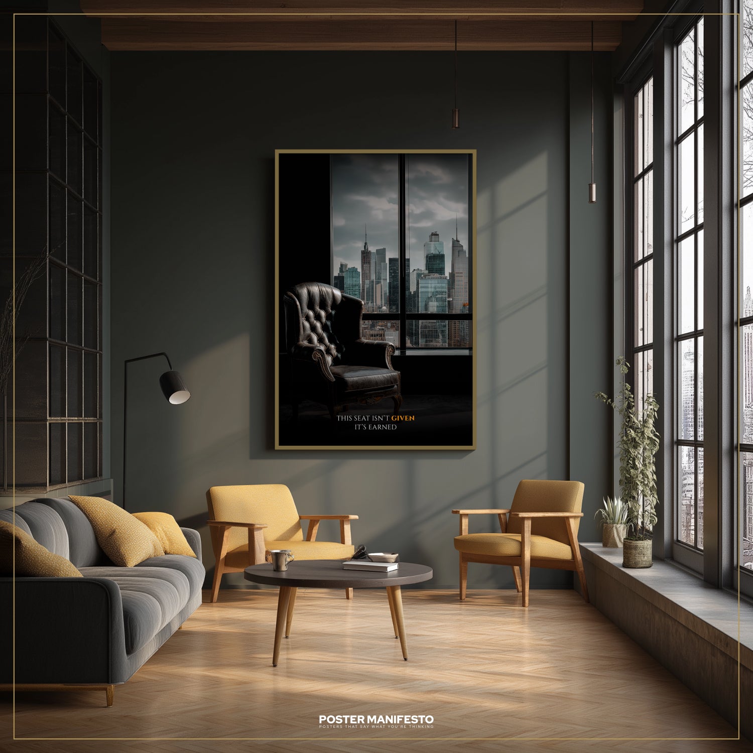 Modern living room with a cityscape poster on the wall
