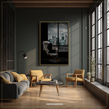Modern living room with a cityscape poster on the wall