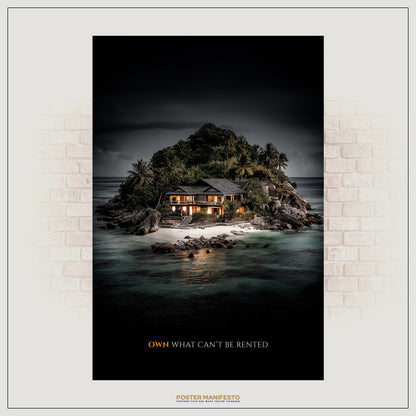 Inspirational wall art showing an exclusive beachfront property on a tropical island, symbolizing success and independence.
