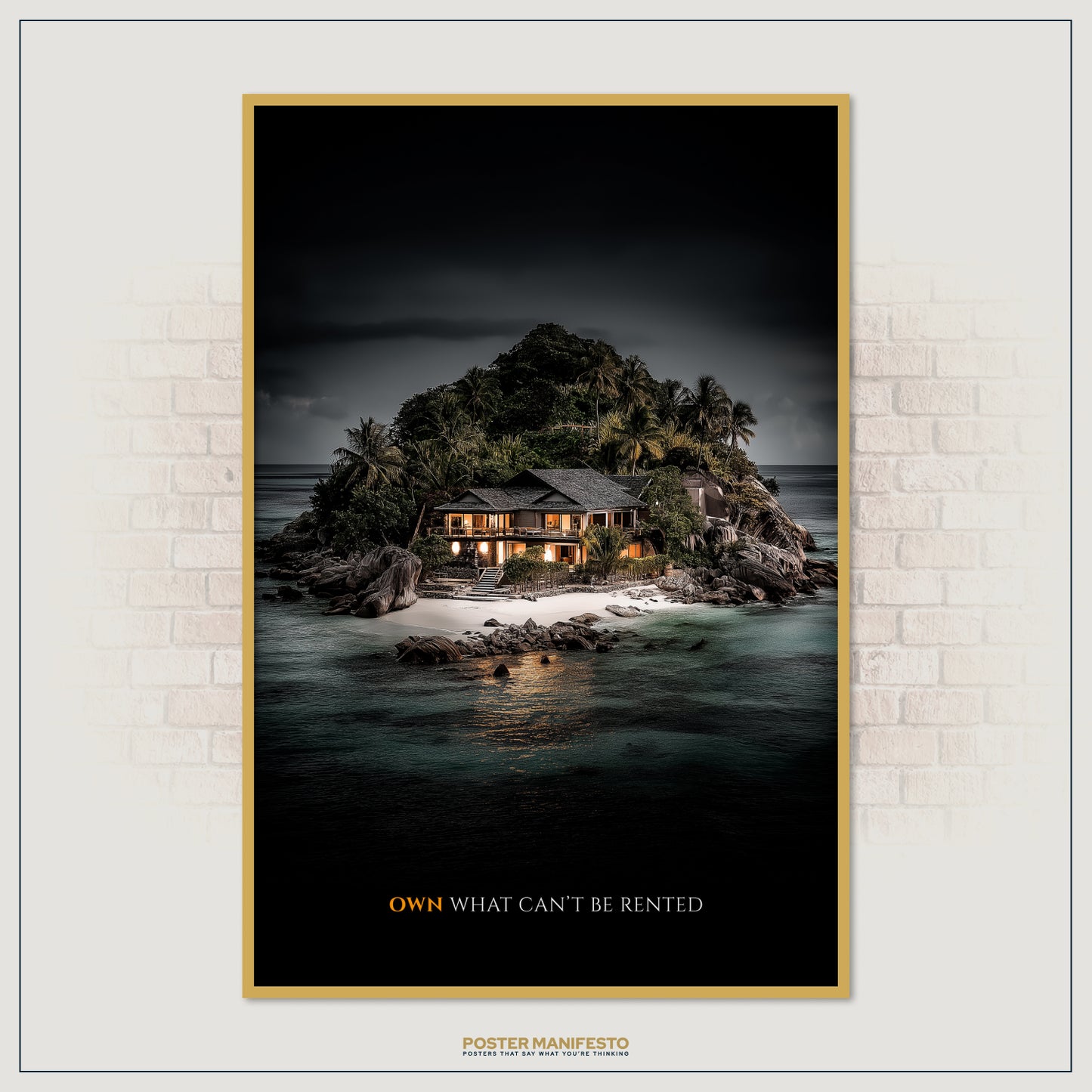 Luxury décor poster with private island home and ocean view, representing wealth, freedom, and achievement.