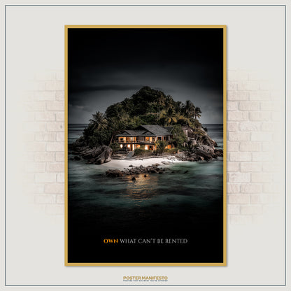 Luxury décor poster with private island home and ocean view, representing wealth, freedom, and achievement.