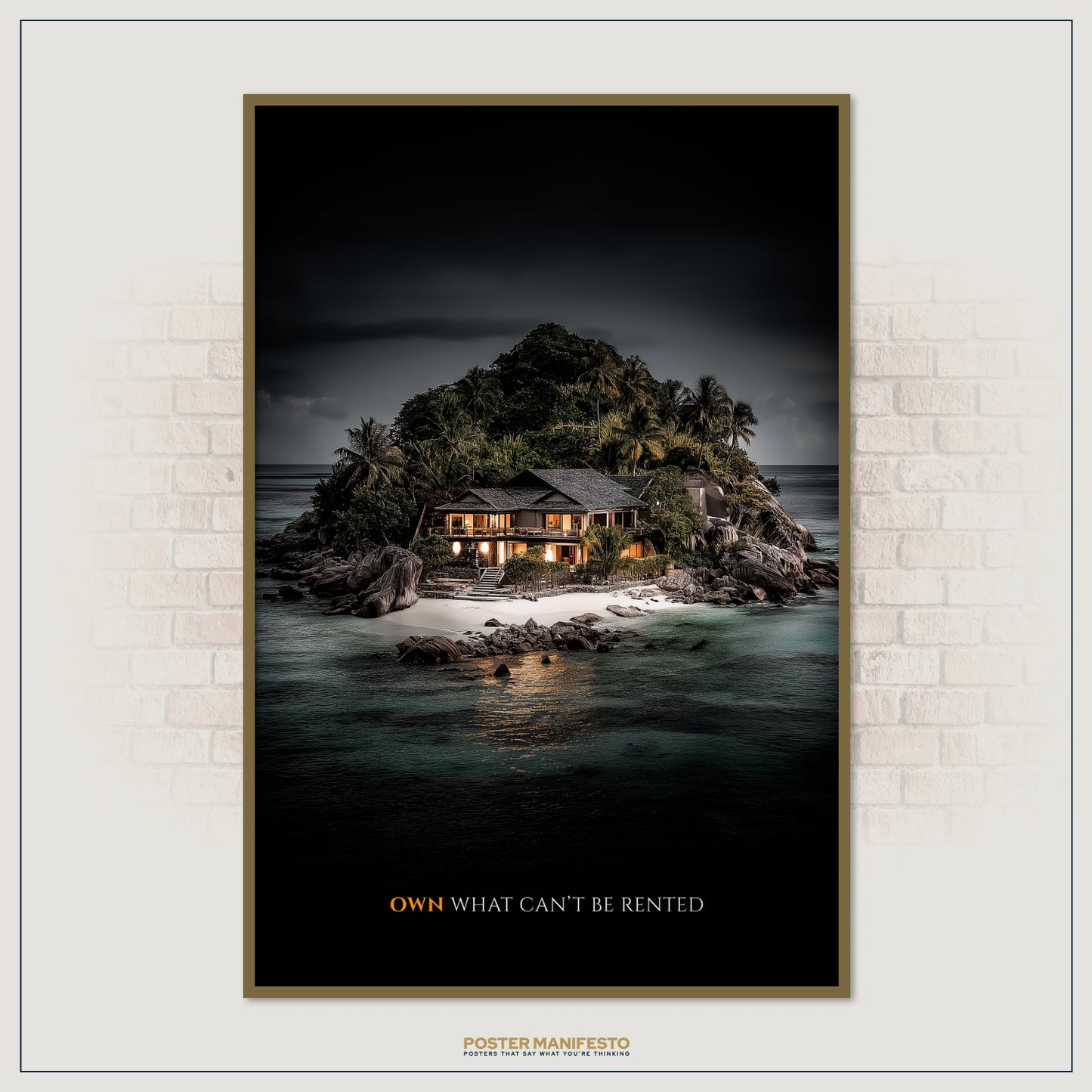 Inspirational artwork with a private island under dramatic skies, embodying ambition and ownership beyond limits.