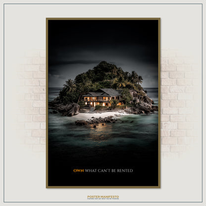 Inspirational artwork with a private island under dramatic skies, embodying ambition and ownership beyond limits.