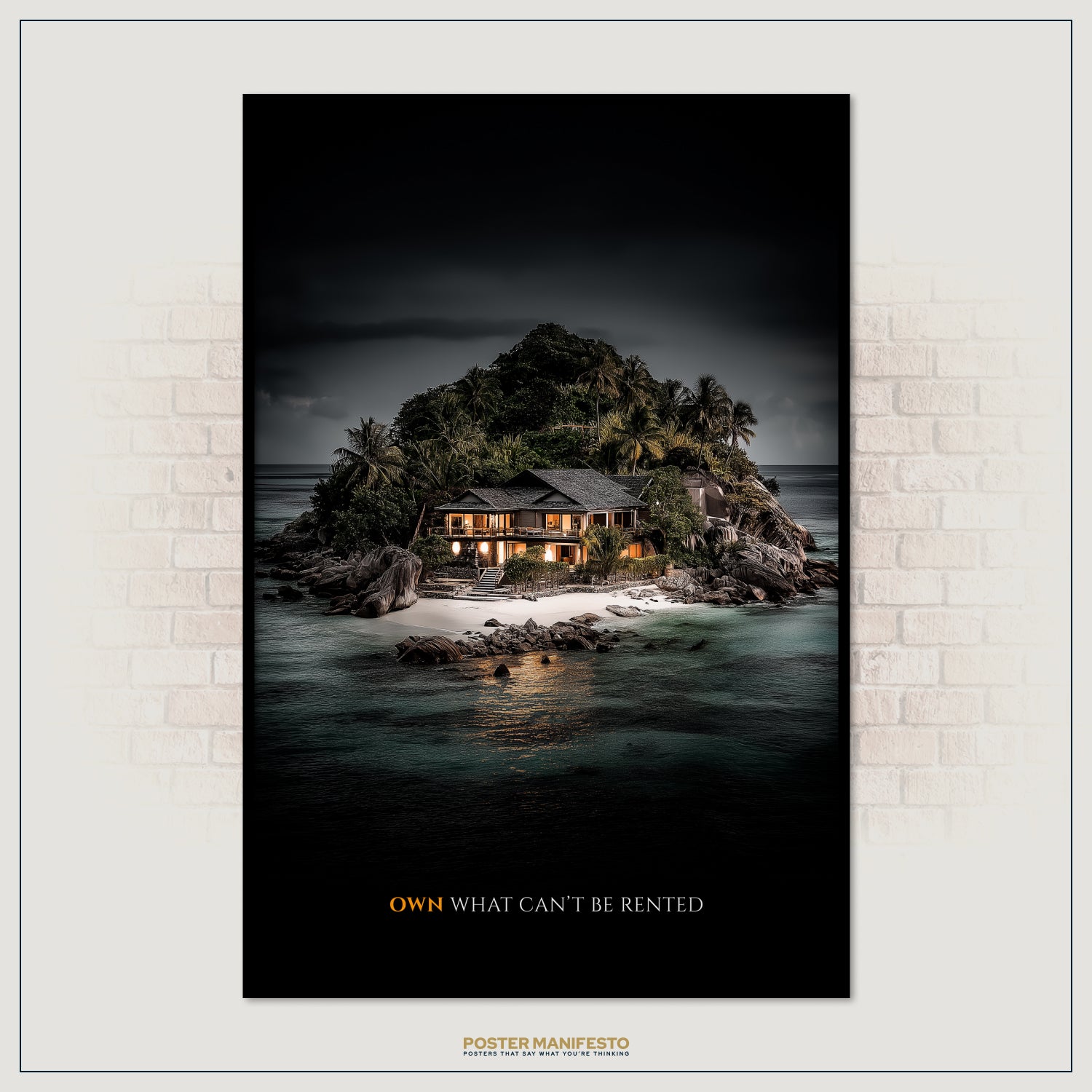 Poster of a tropical island with a house on a brick wall.