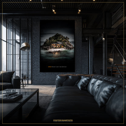 Modern living room with a large framed poster of an island scene on a brick wall.