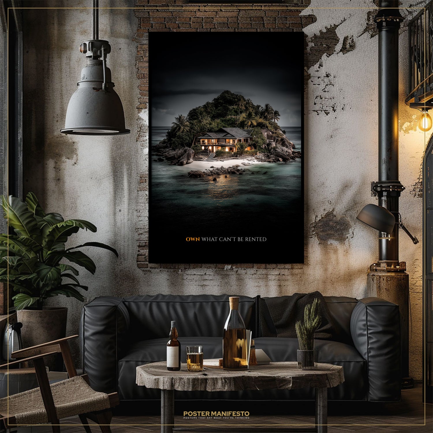 Living room with a large framed poster of an island scene, a black leather sofa, and a small table with drinks.