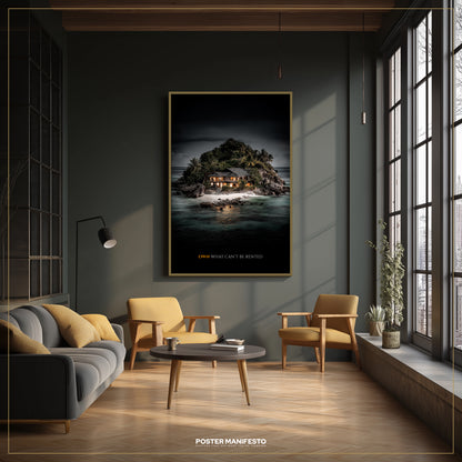 Modern living room with a large framed poster on the wall, featuring a scenic landscape.