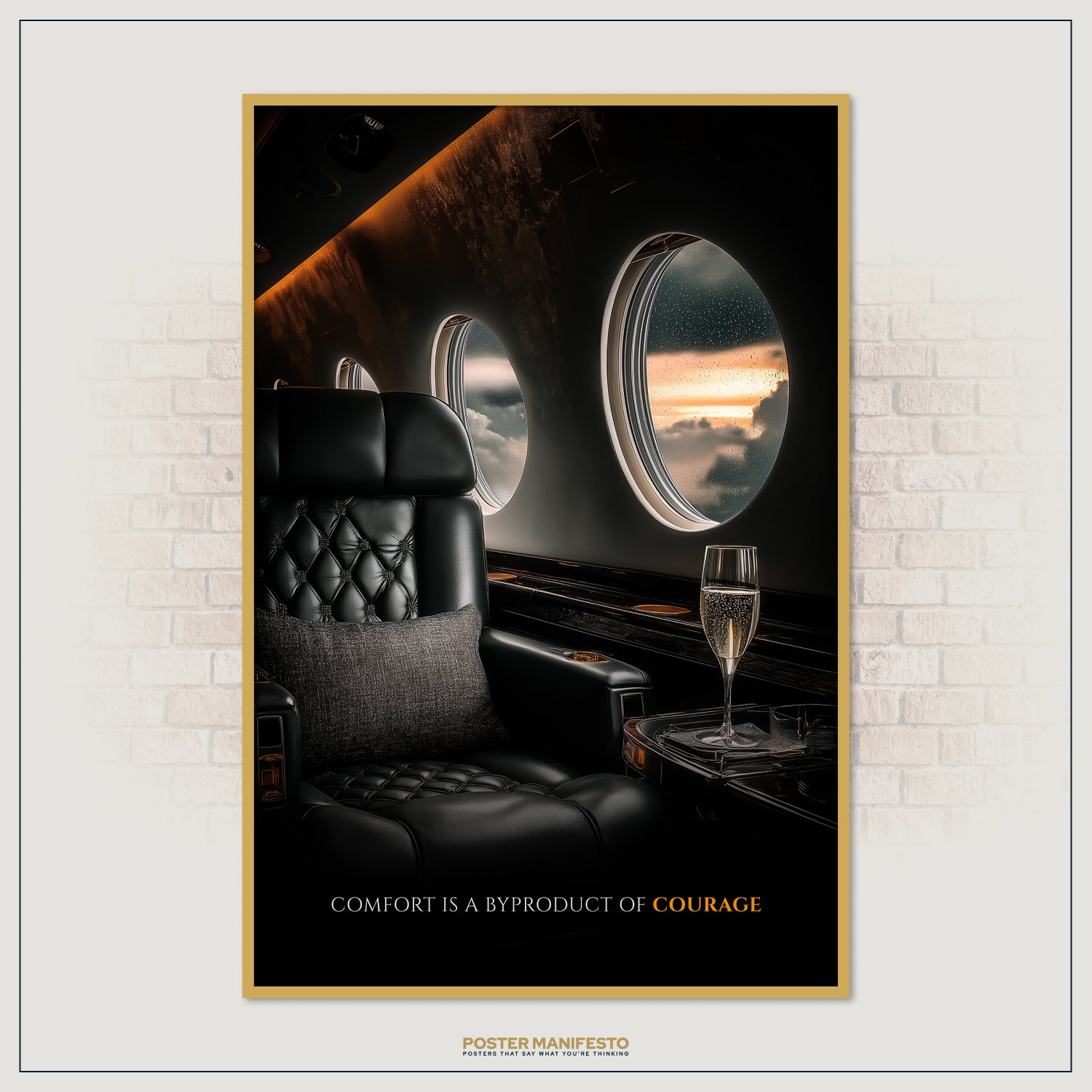 Luxury décor print with private jet cabin, champagne, and clouds, representing ambition and achievement.