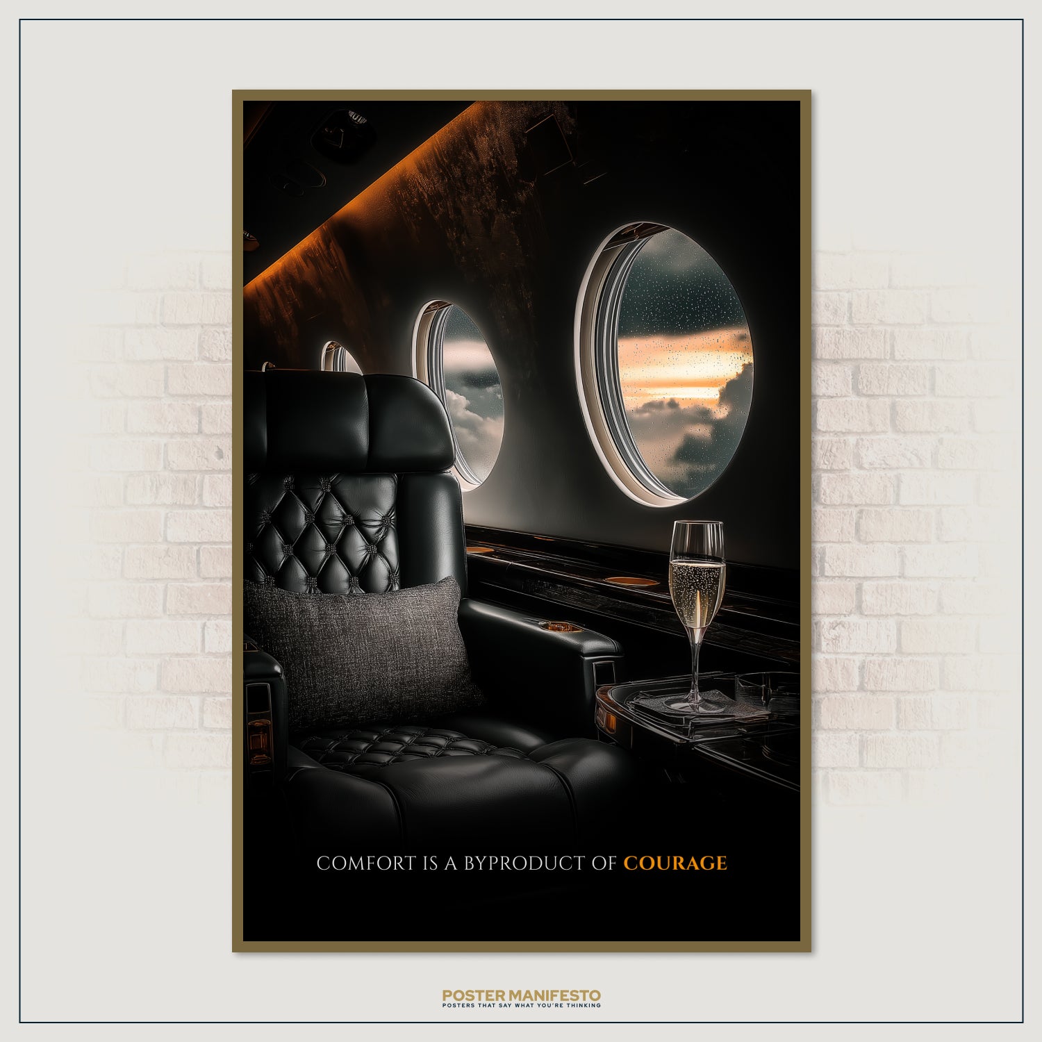 Inspirational poster of private jet luxury cabin, symbolizing success, wealth, and courage-driven lifestyle.