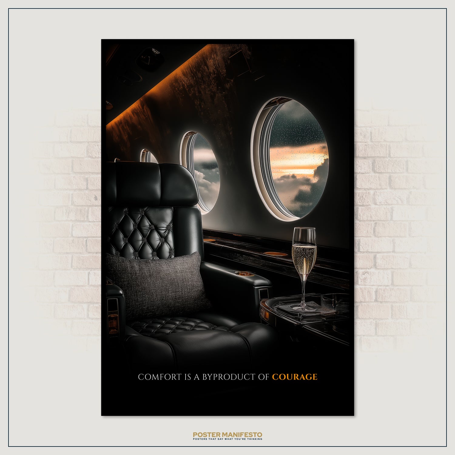 Luxury interior with leather seats and a window view, featuring a motivational quote.
