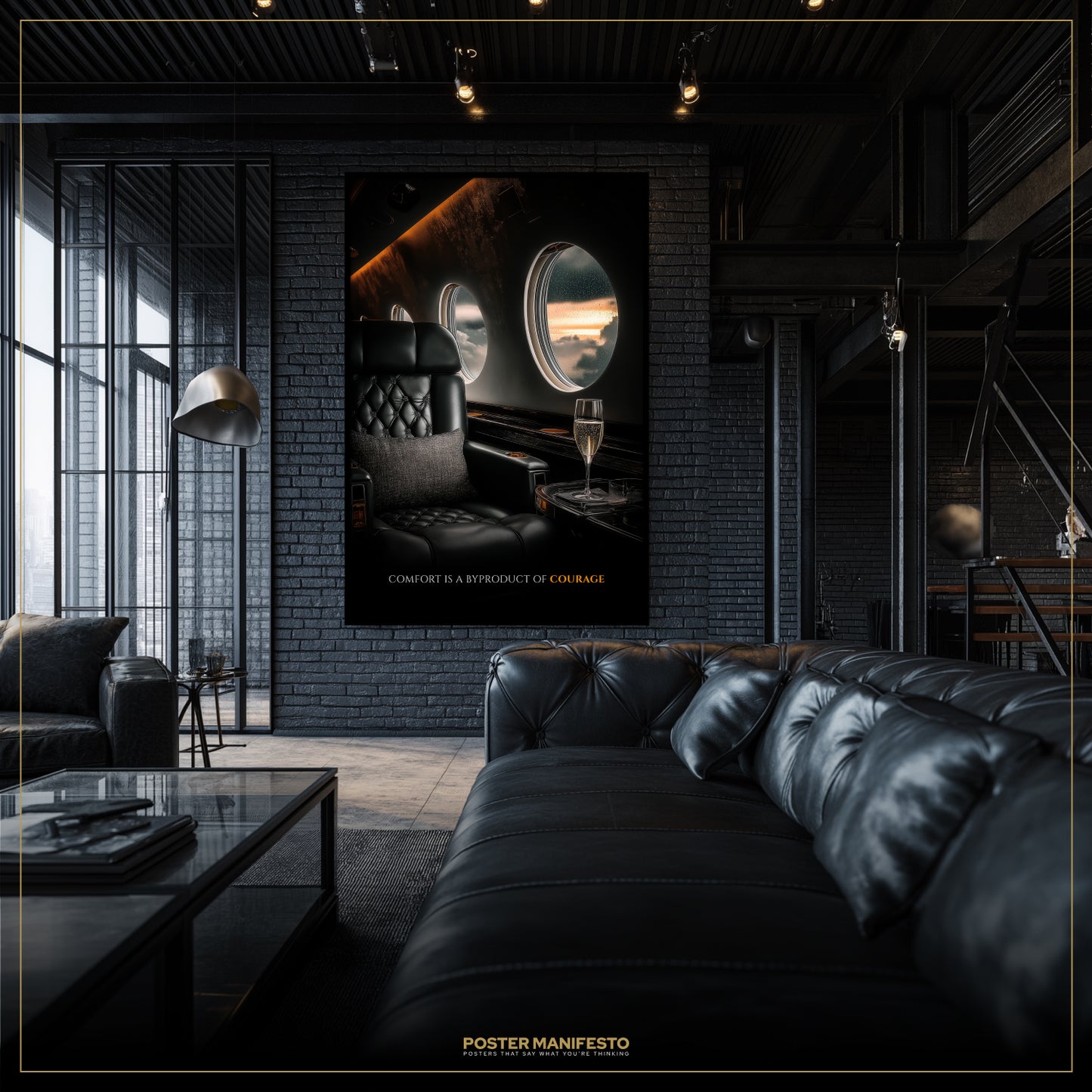 Modern living room with black leather sofa and a large framed poster on the wall.
