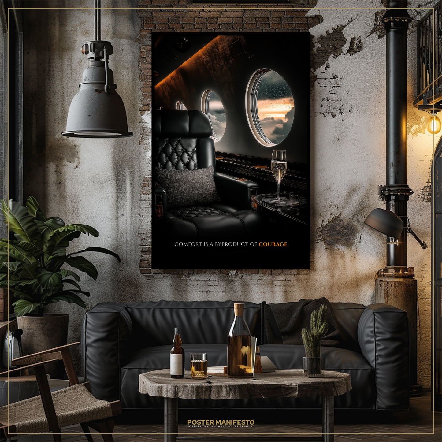 Modern living room with a black leather sofa, wooden coffee table, and wall art.