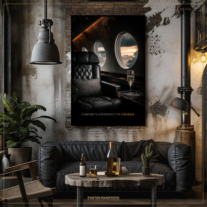 Modern living room with a black leather sofa, wooden coffee table, and wall art.