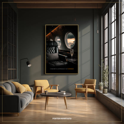 Modern living room with a stylish poster on the wall, gray sofa, and wooden coffee table.
